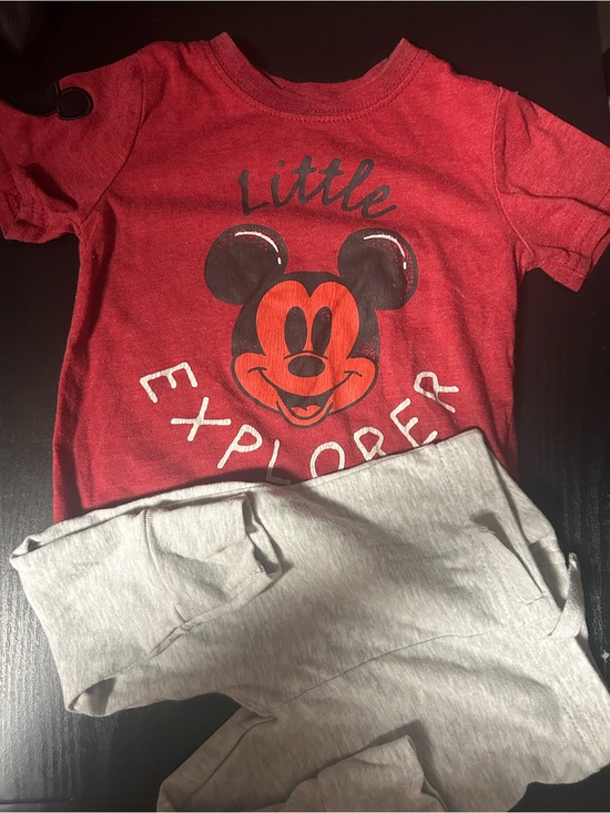 Disney Other - Kids Red 'Little Explorer' Mickey Graphic Tee & grey joggers size 12 months